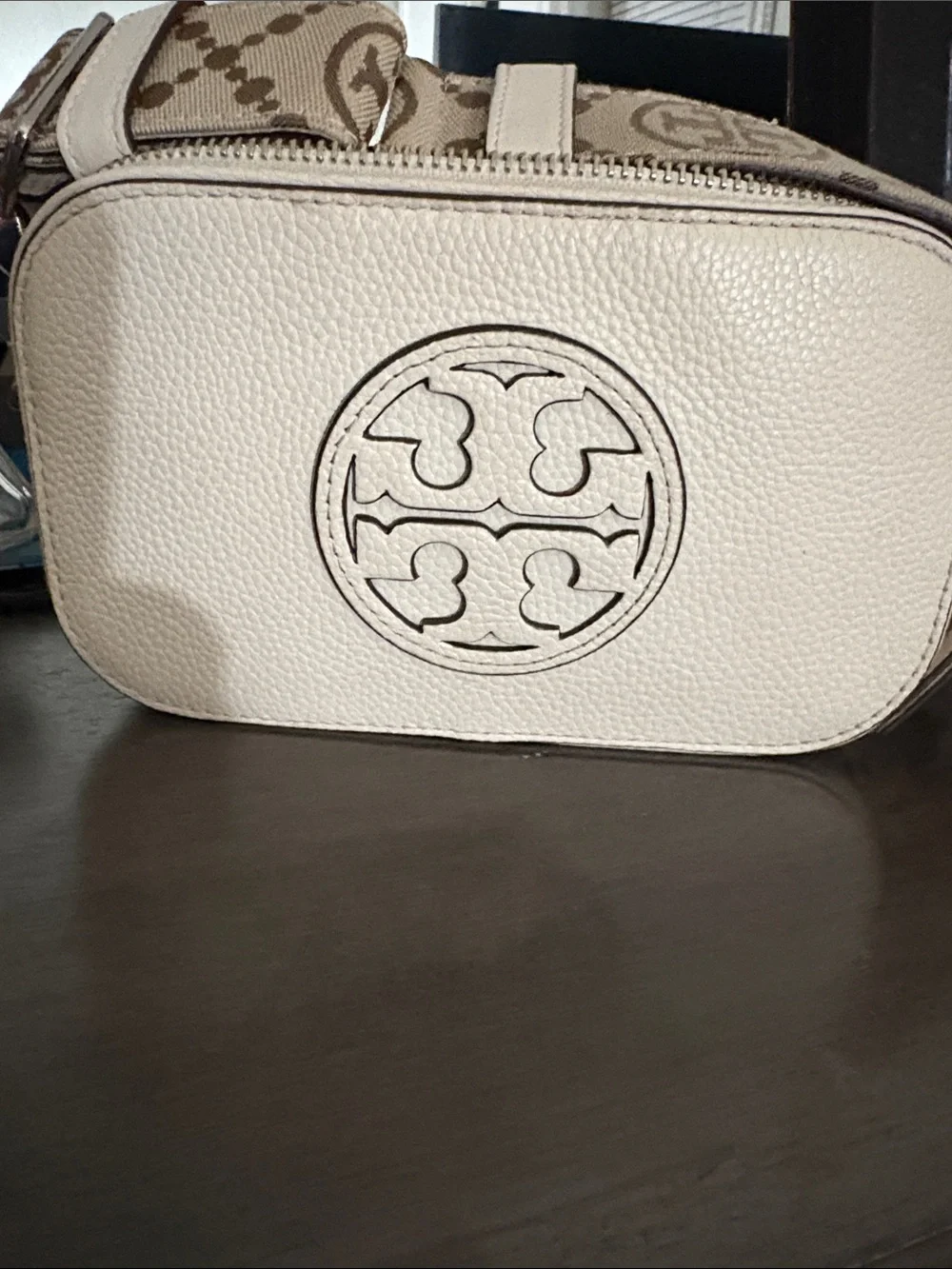Tory Burch Cream Pebbled Leather Crossbody Camera Bag